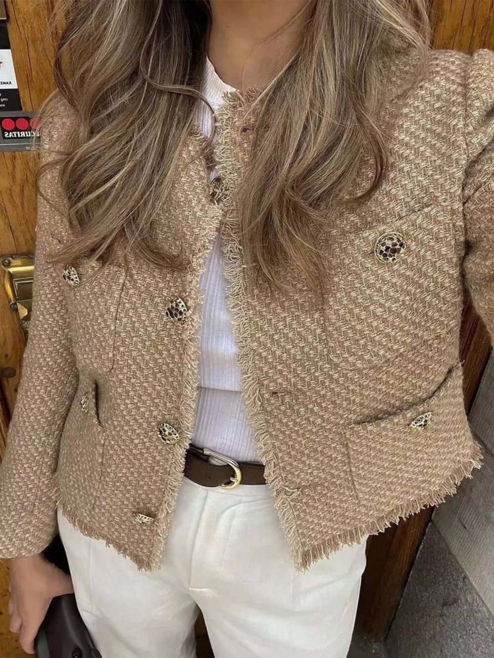 Khaki Elegant Casual Women's Loose metallic shimmer Tweed Jacket - Picture 1 of 6